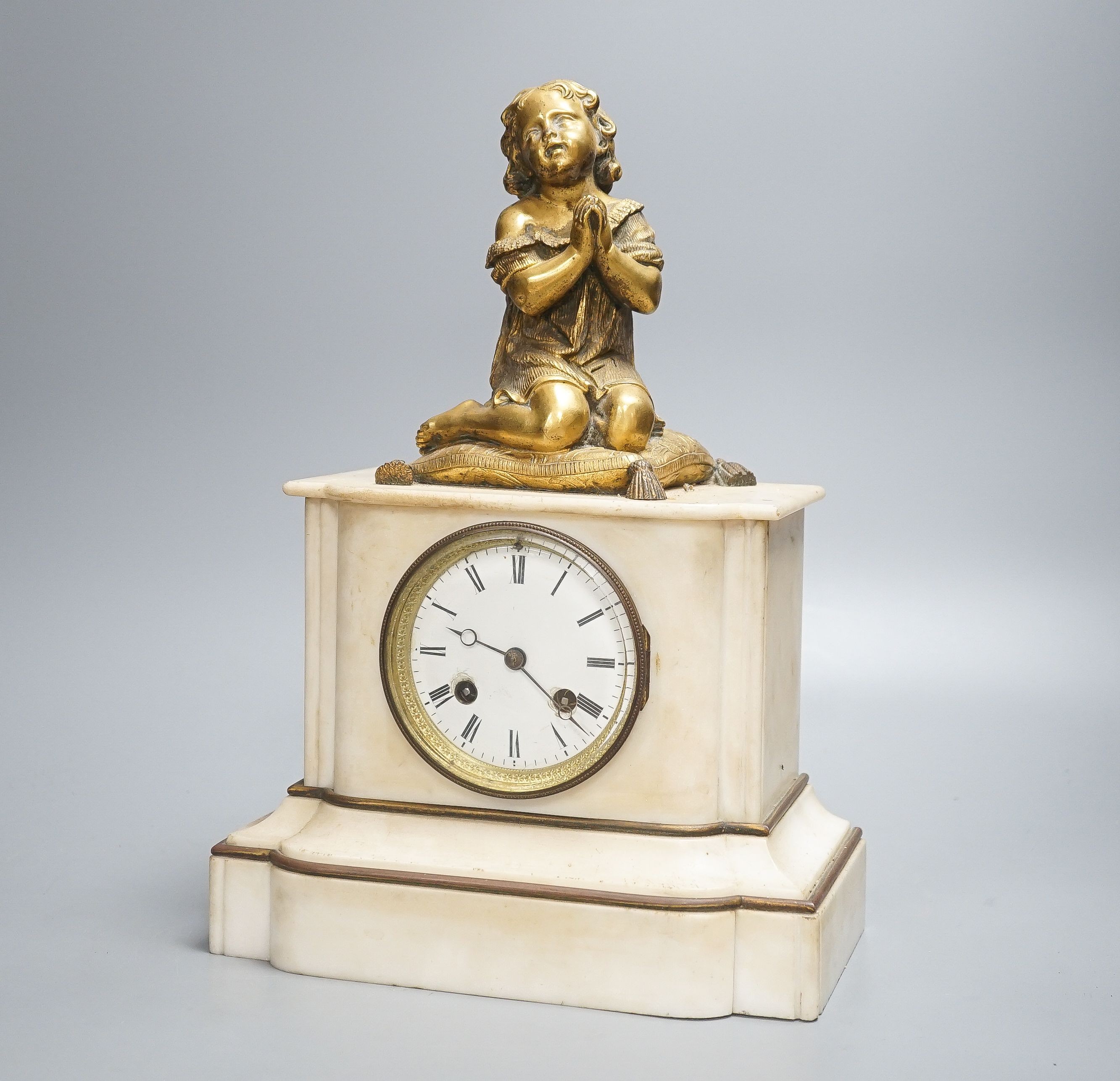 A late 19th century French white marble and ormolu mounted mantel clock 33cm